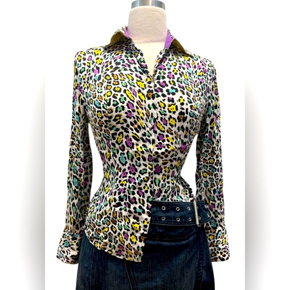 Multicolor Leopard Print 100% silk Women's Top - Picture 2 of 7